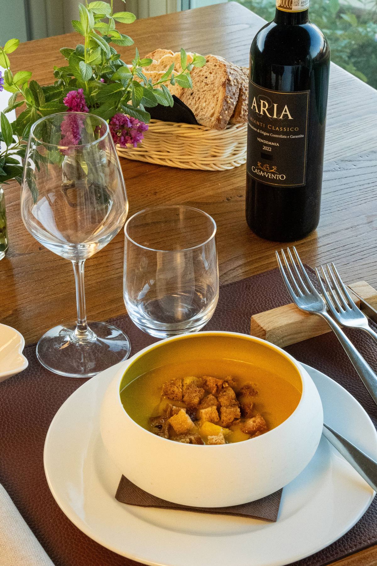 Seasonal vegetable soup with rustic croutons